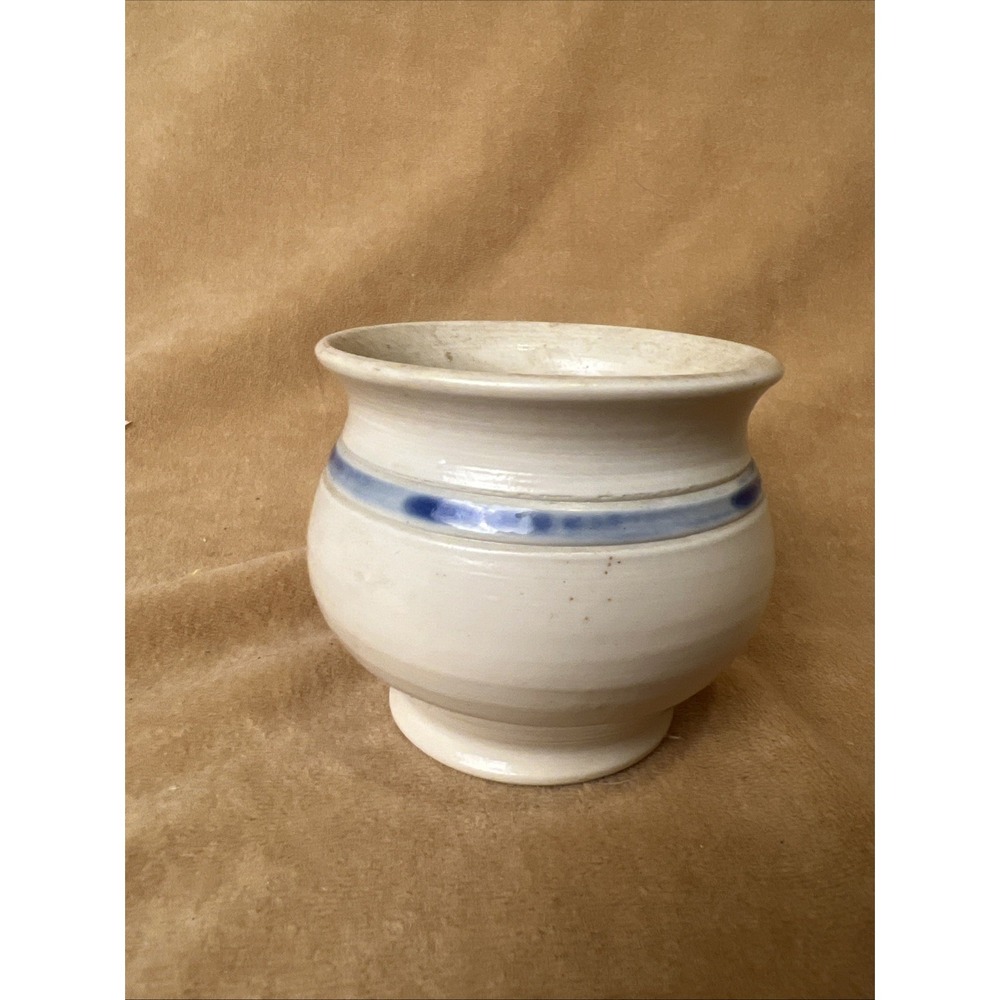 Vintage Handmade Creamy White And Blue Stoneware Mini Crock